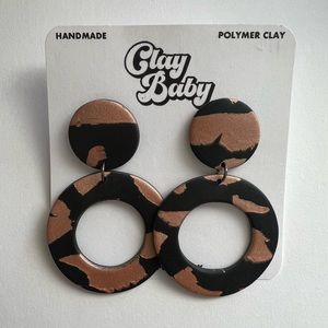 Handmade Black Copper Metallic Terrazzo Circle Statement Earrings - NWT - 2.5”